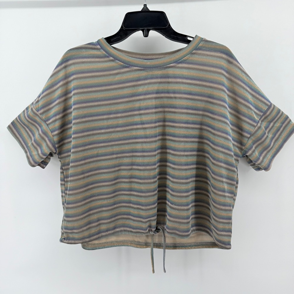 Lumière Striped Knit Top Tie Front Short Sleeve Pastel Colors Size L